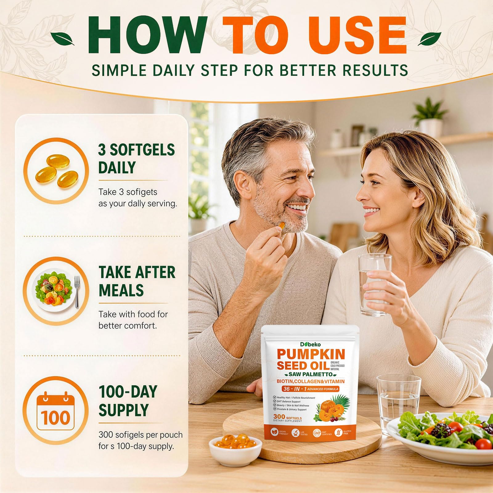 Dobeko pouch beside measured serving to show 100-day supply benefit