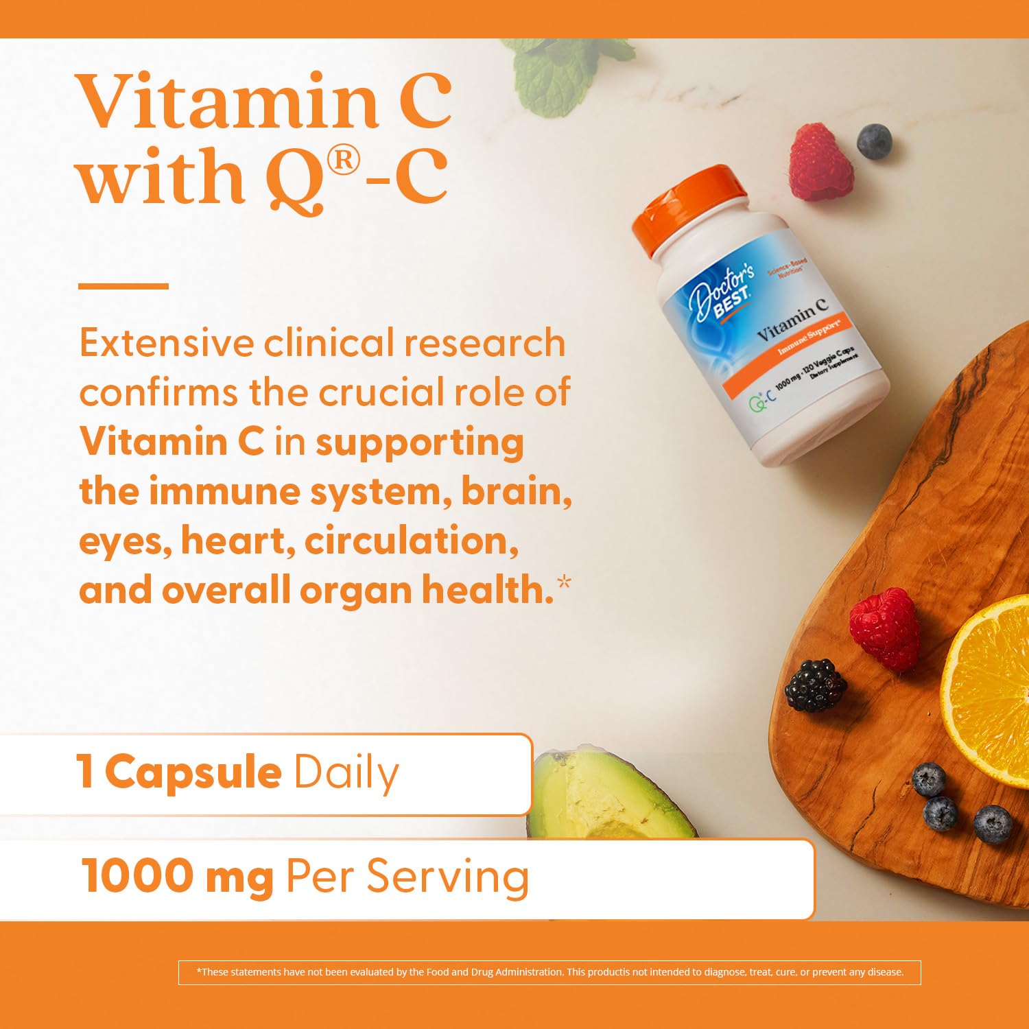 Doctor's BEST label detail highlighting Q-C ascorbic acid and purity for informed choice