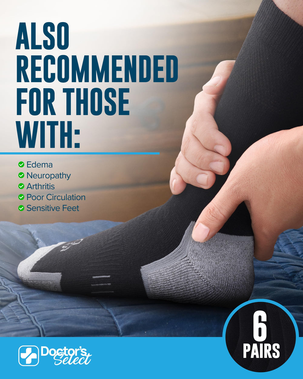 Doctor's Select socks worn with dress shoes demonstrating discreet style and comfort