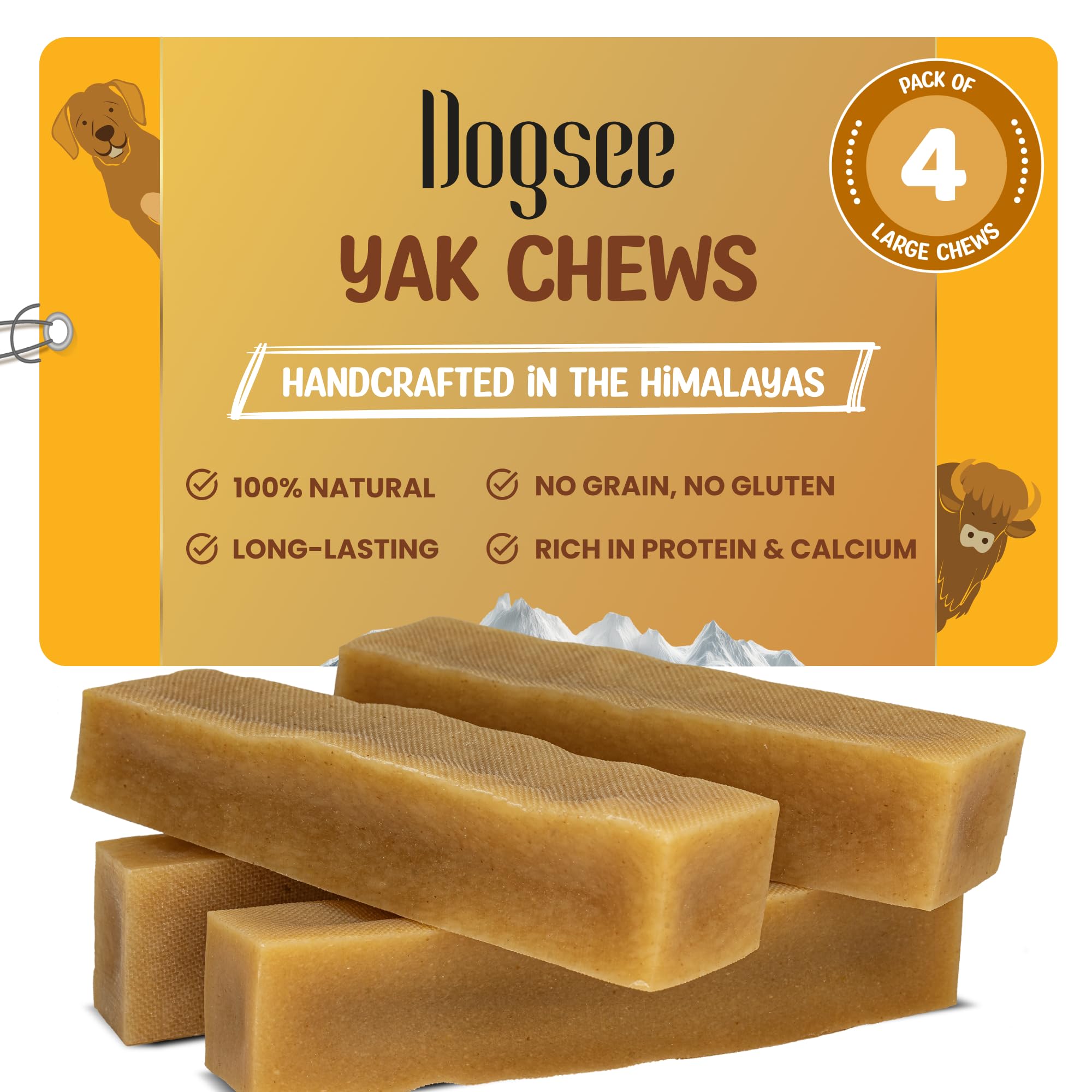 Dogsee front packaging showing four large yak cheese bars and benefits