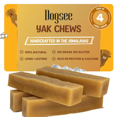 Dogsee front packaging showing four large yak cheese bars and benefits