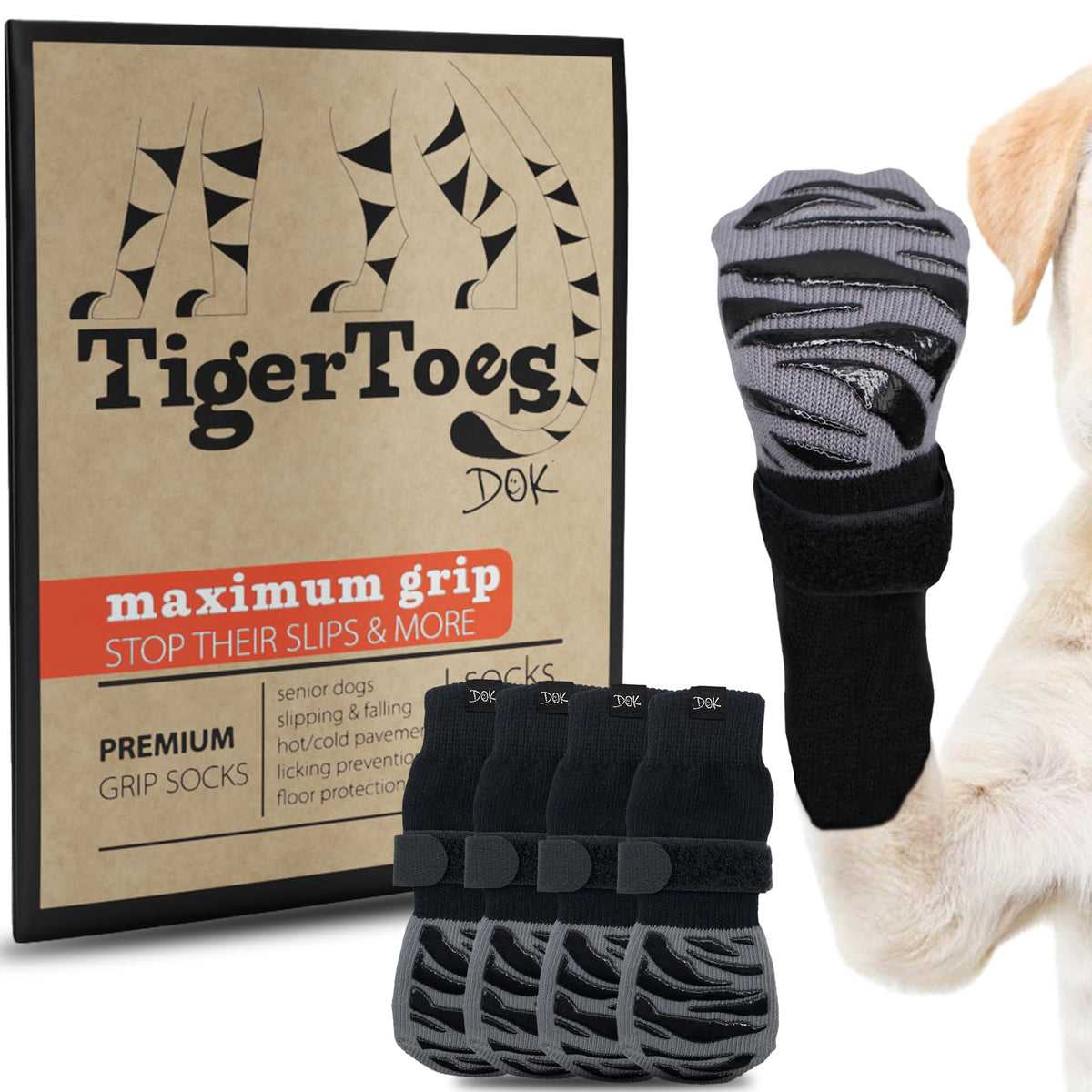 DOK front packaging showing TigerToes socks and benefit of extra grip
