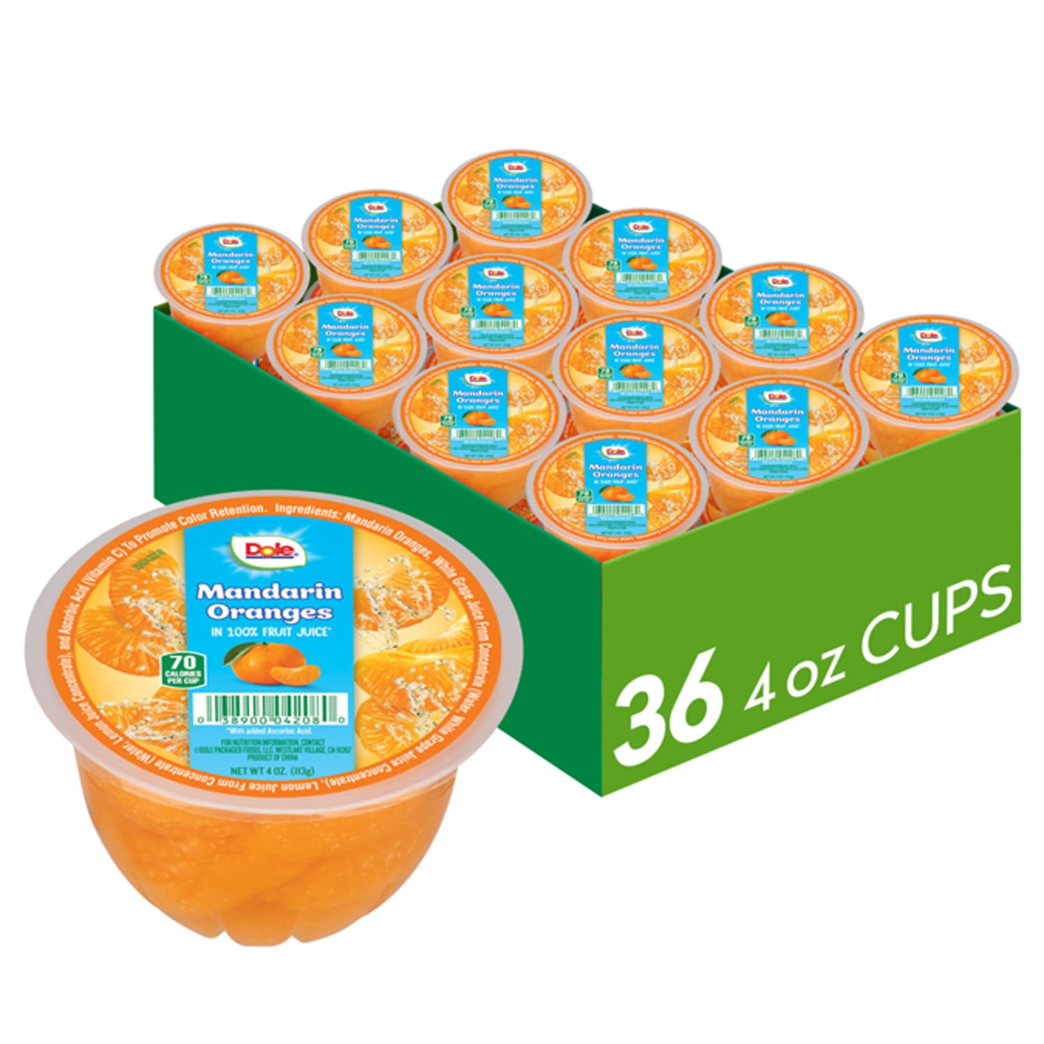 Dole front packaging showing 36-count mandarin cups and convenience