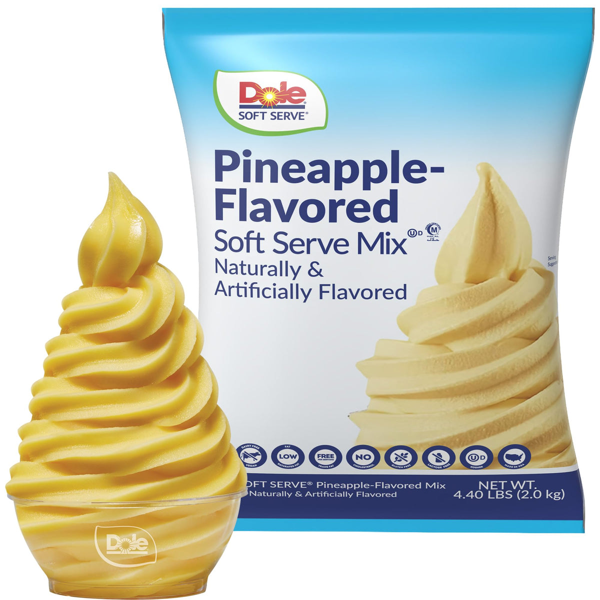 Dole bag front packaging showing pineapple soft serve branding and benefit of dairy-free