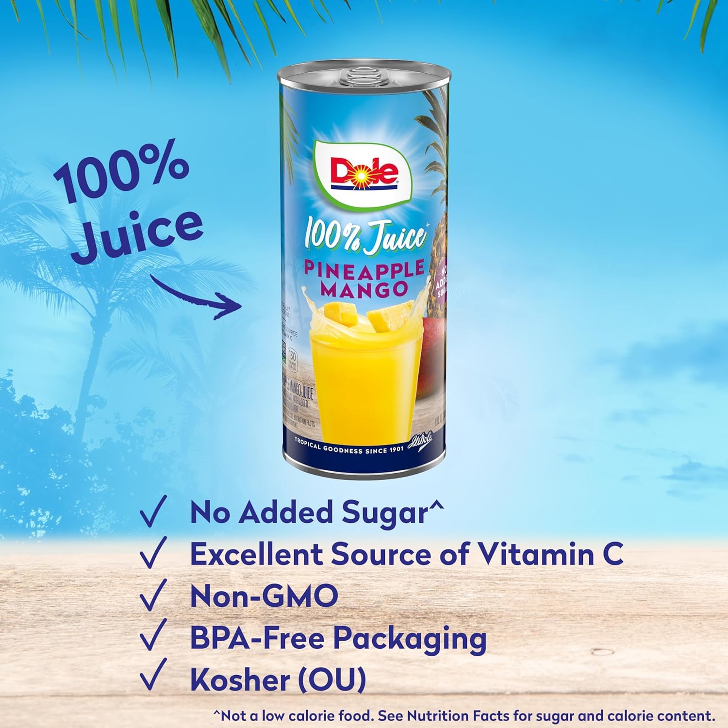 Dole single can front label highlighting tropical flavor and portability
