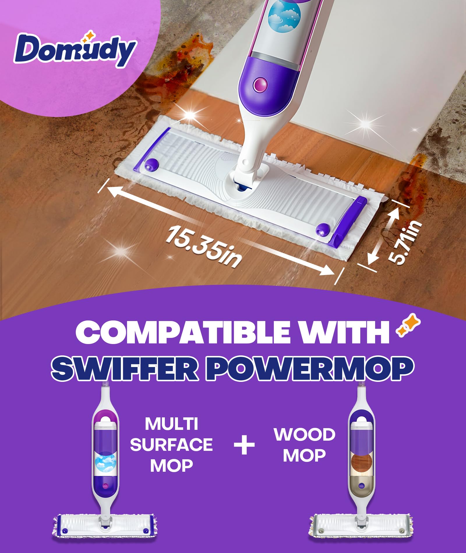 Domudy pad attached to powermop in use showing fast, streak-free cleaning