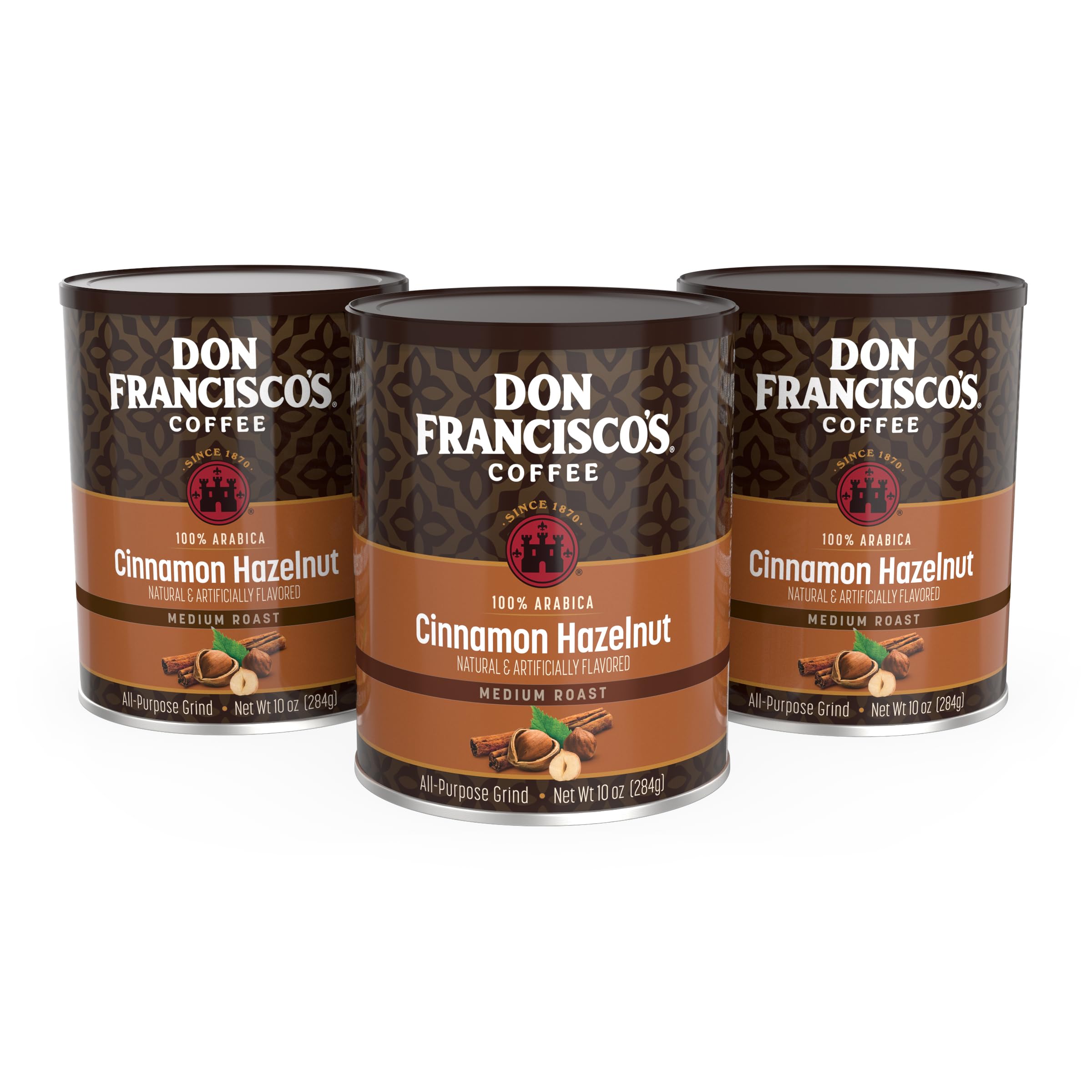 Don Francisco's front can showing cinnamon hazelnut label and easy storage benefit