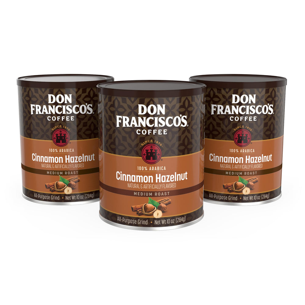 Don Francisco's front can showing cinnamon hazelnut label and easy storage benefit