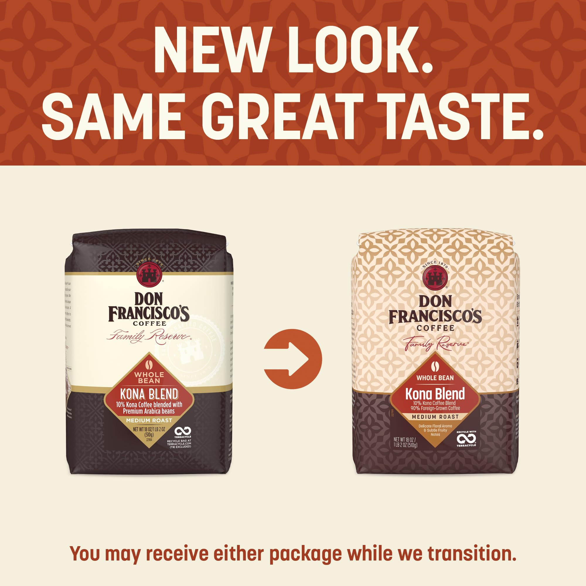 Don Francisco's close-up whole beans highlighting roast color and aromatic oils