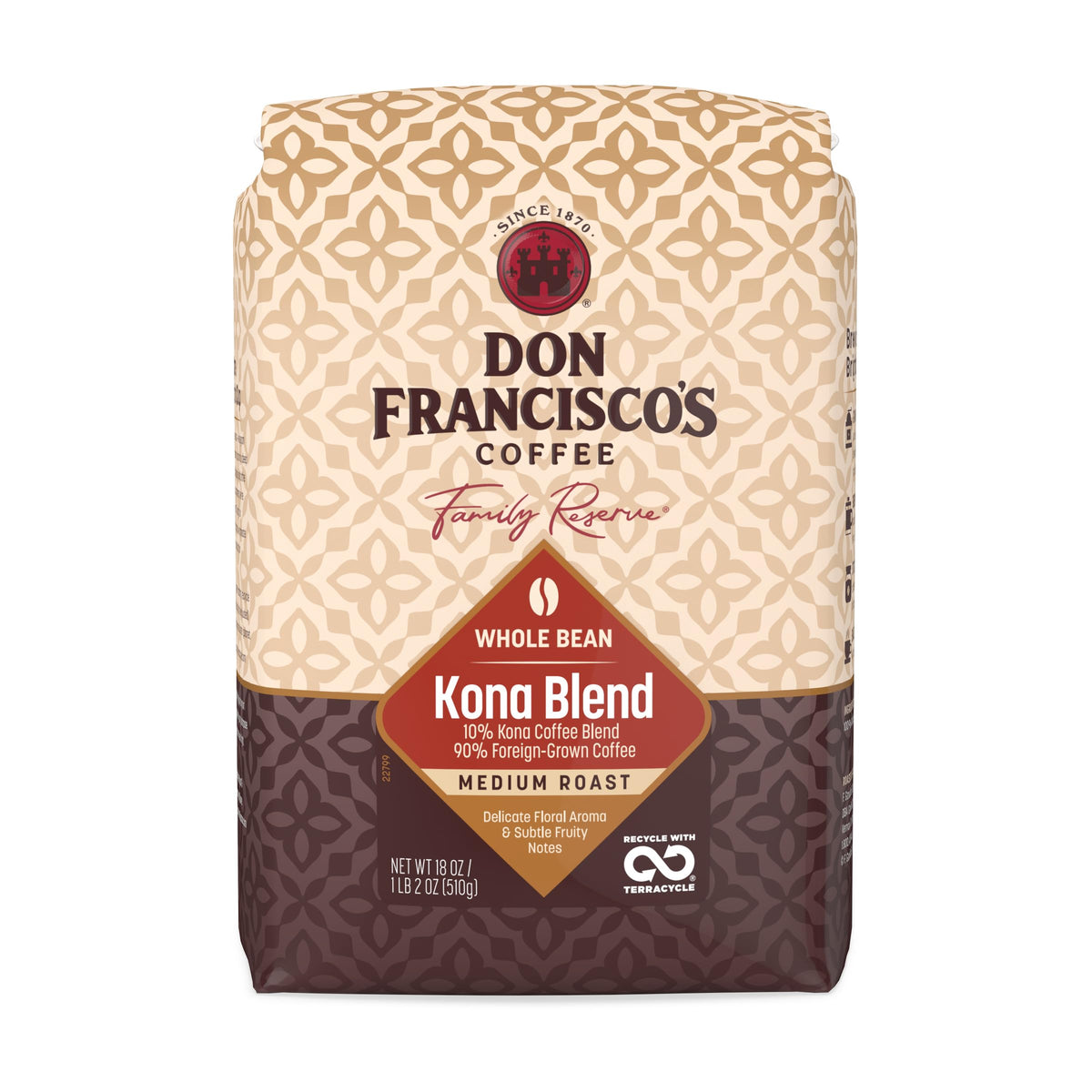 Don Francisco's front packaging showing 18 oz bag and medium roast benefit freshness