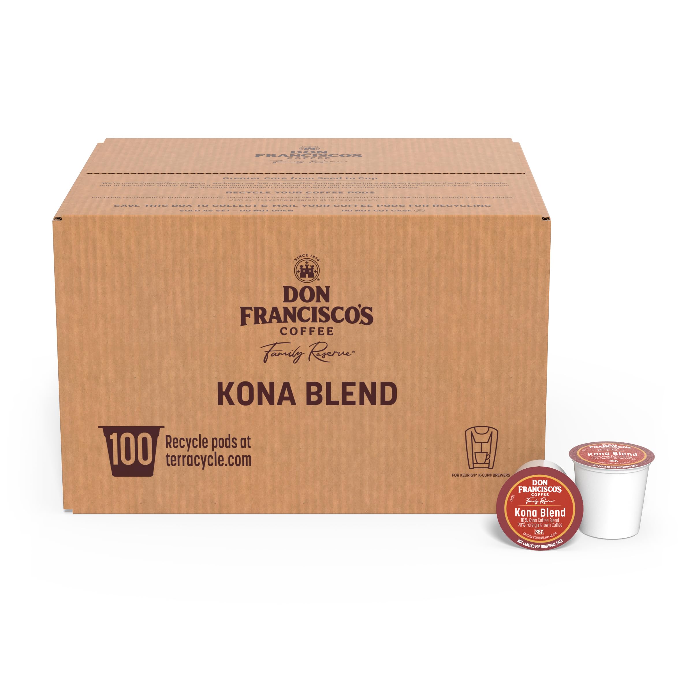 Don Francisco's front packaging showing 100-count Kona Blend, highlights convenience