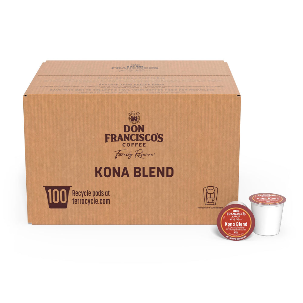 Don Francisco's front packaging showing 100-count Kona Blend, highlights convenience