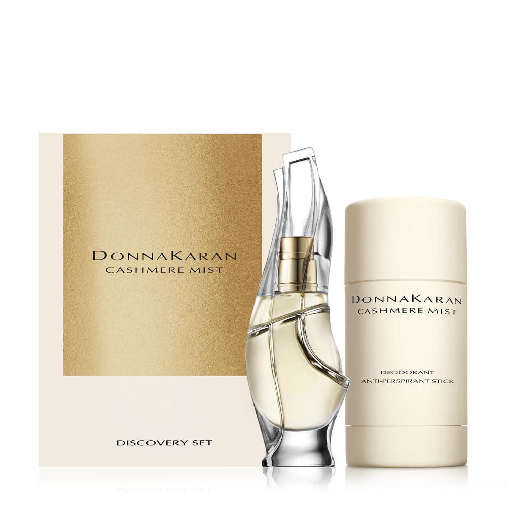Donna Karan Cashmere Mist front packaging showing elegant set and travel convenience