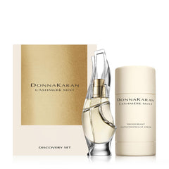 Donna Karan Cashmere Mist front packaging showing elegant set and travel convenience
