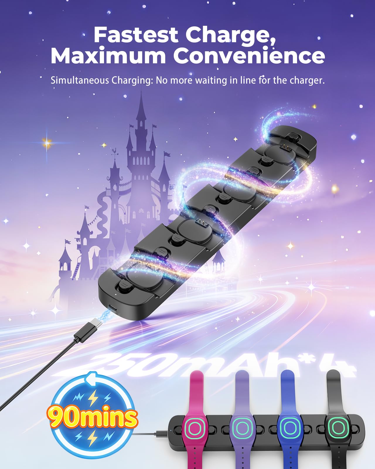 Doohoeek with four MagicBand+ devices docked demonstrating simultaneous charging