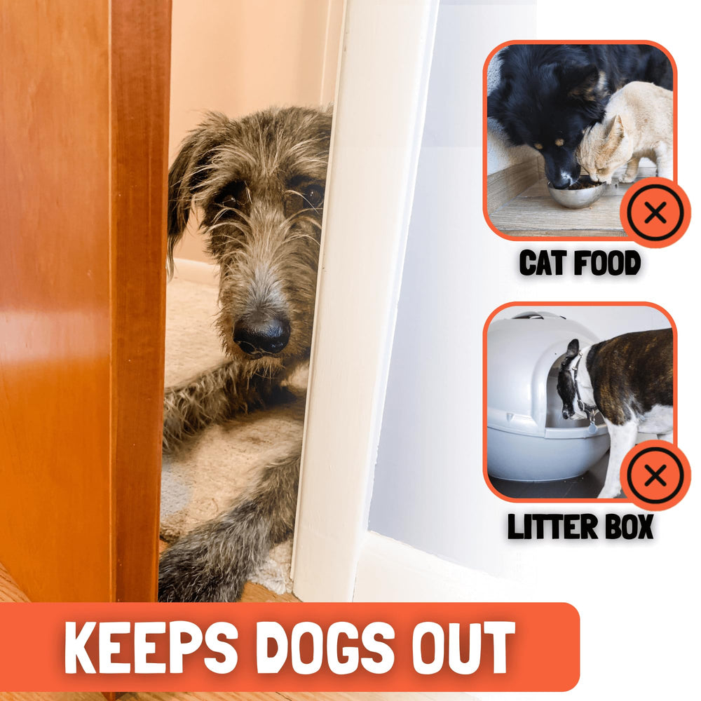 Door Buddy installed on interior door showing cat-only gap and pet access benefit