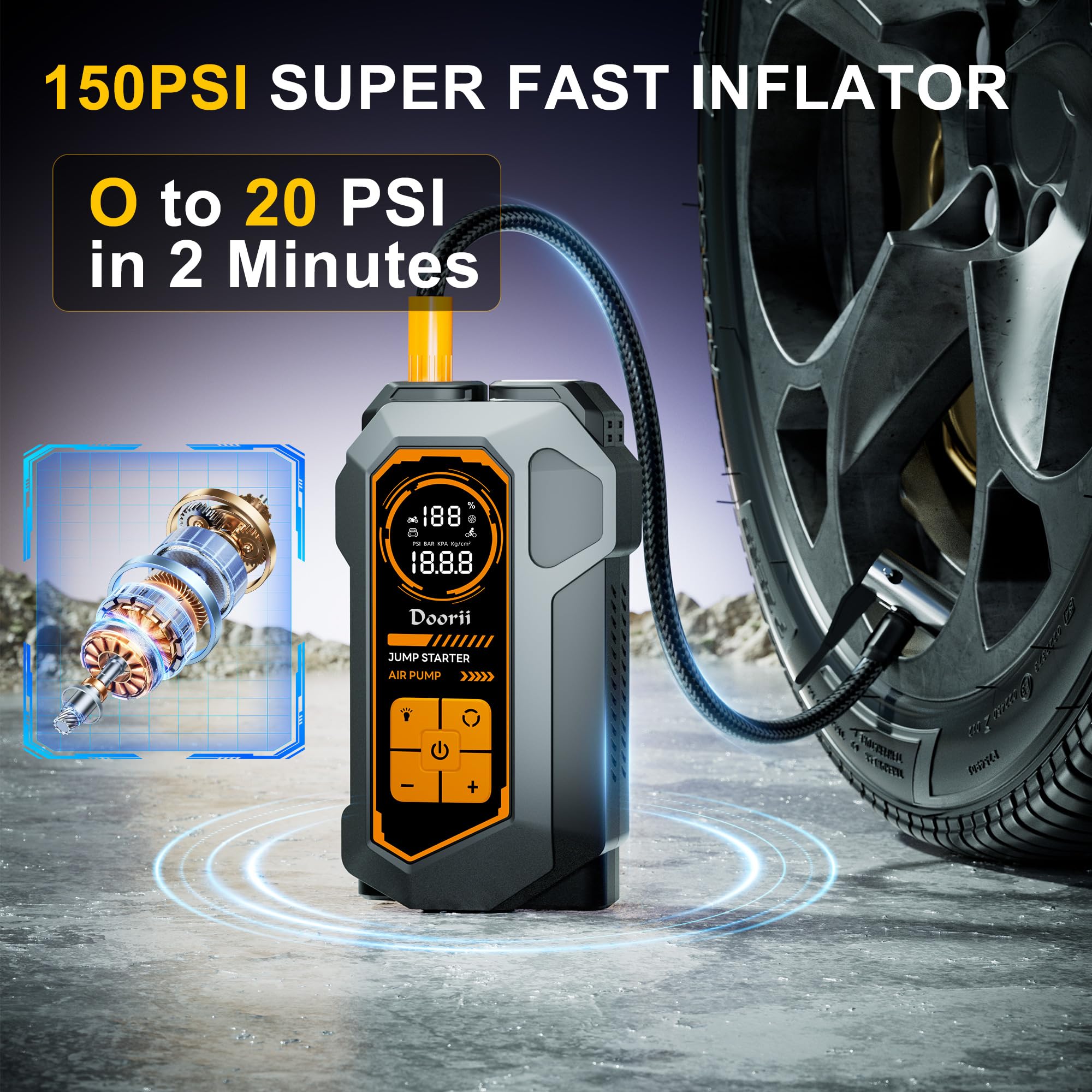 Doorii inflator LCD display close-up, shows precise pressure readings