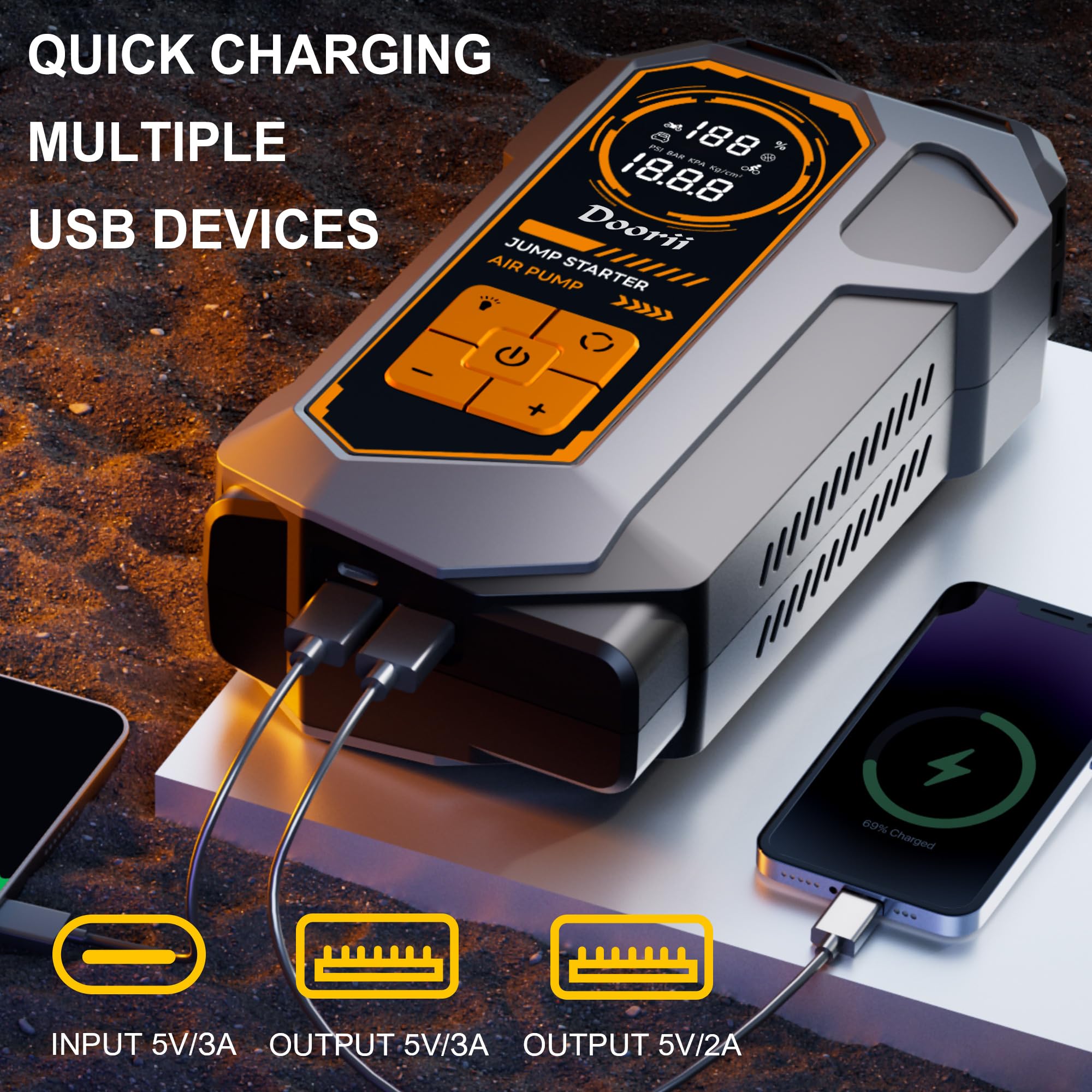Doorii USB ports and compressor outlet, enables charging devices on road