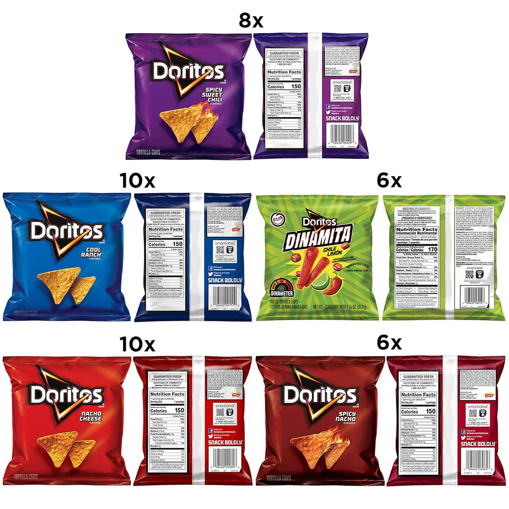 Doritos overhead array of individual bags demonstrating flavor variety