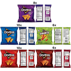 Doritos overhead array of individual bags demonstrating flavor variety