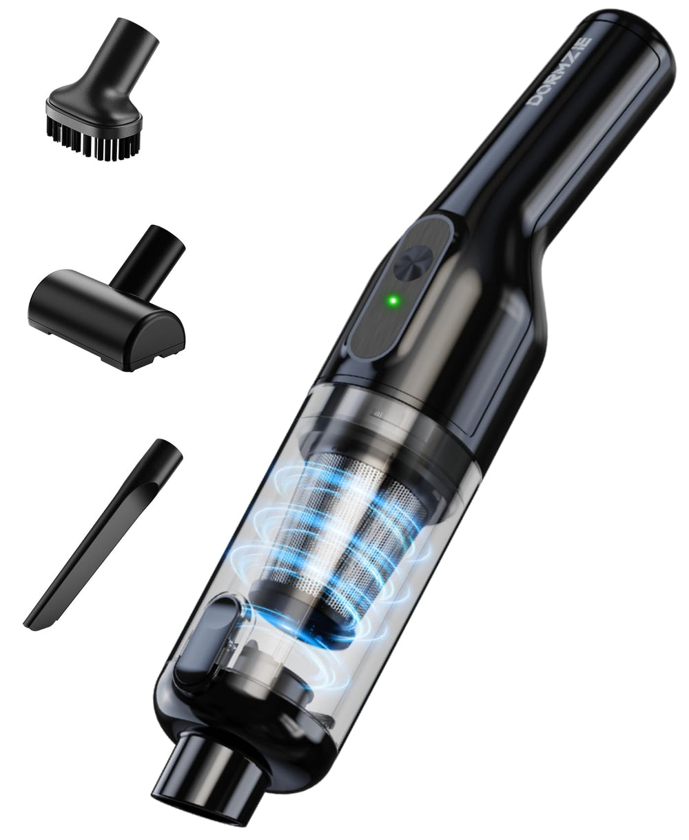 dormzie front view handheld vacuum showing compact design and portability benefits