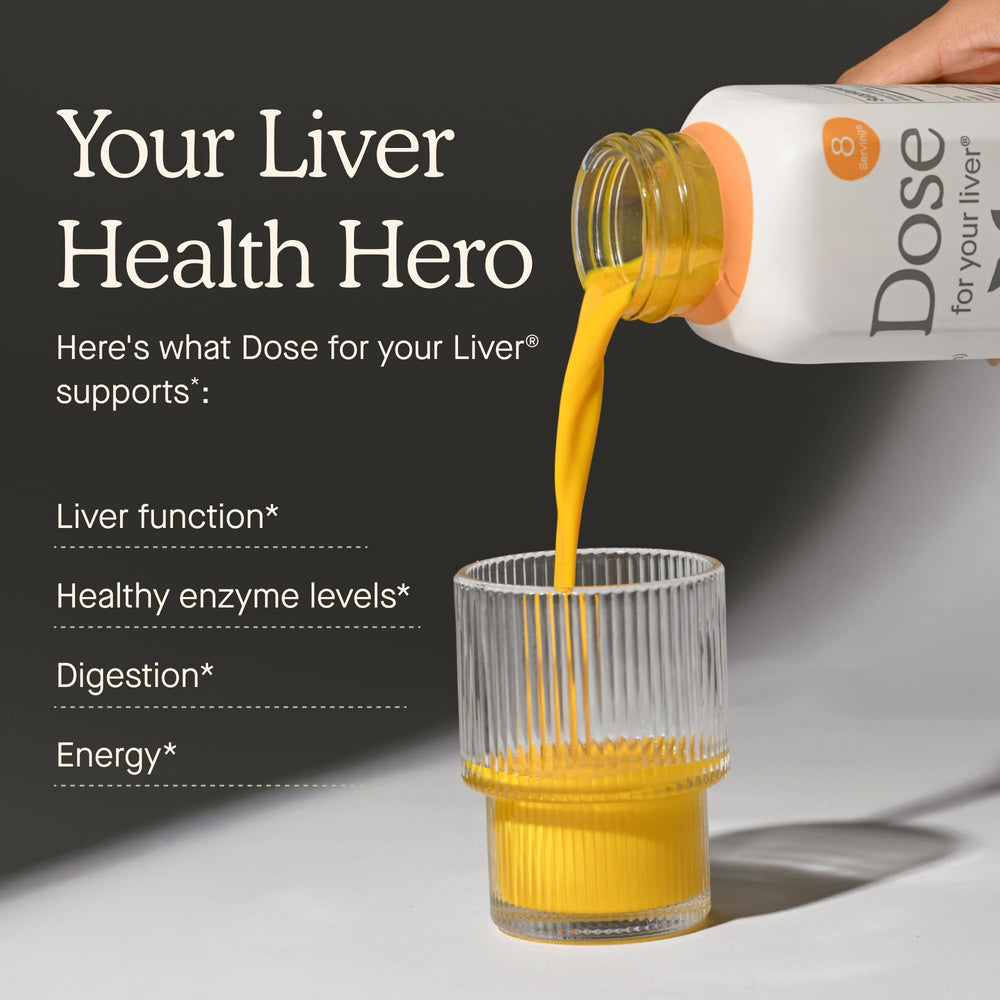 Dose for Your Liver liquid pour from bottle into shot glass demonstrating easy consumption benefit