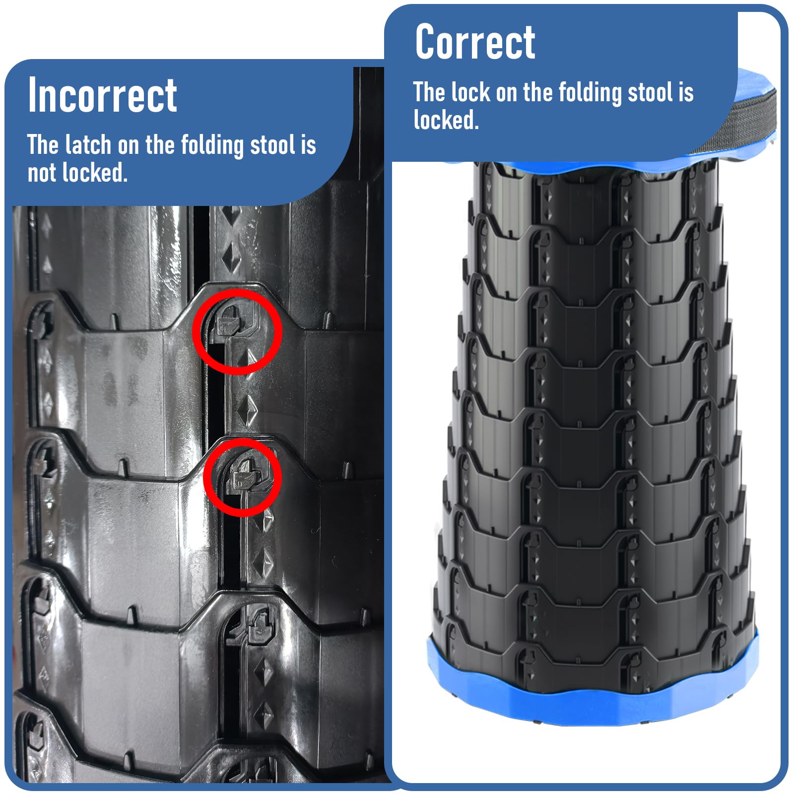 Doseno stool close on buckle showing reinforced 10-layer locking benefit