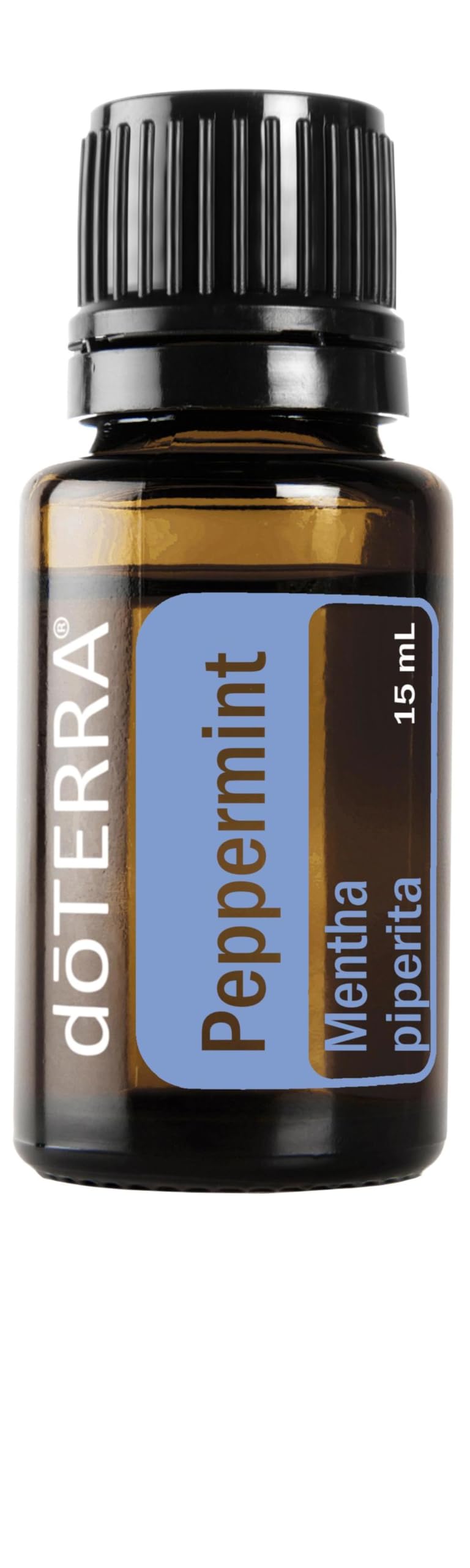 doTERRA peppermint 15ml front bottle showing clear label and amber glass for preserved aroma