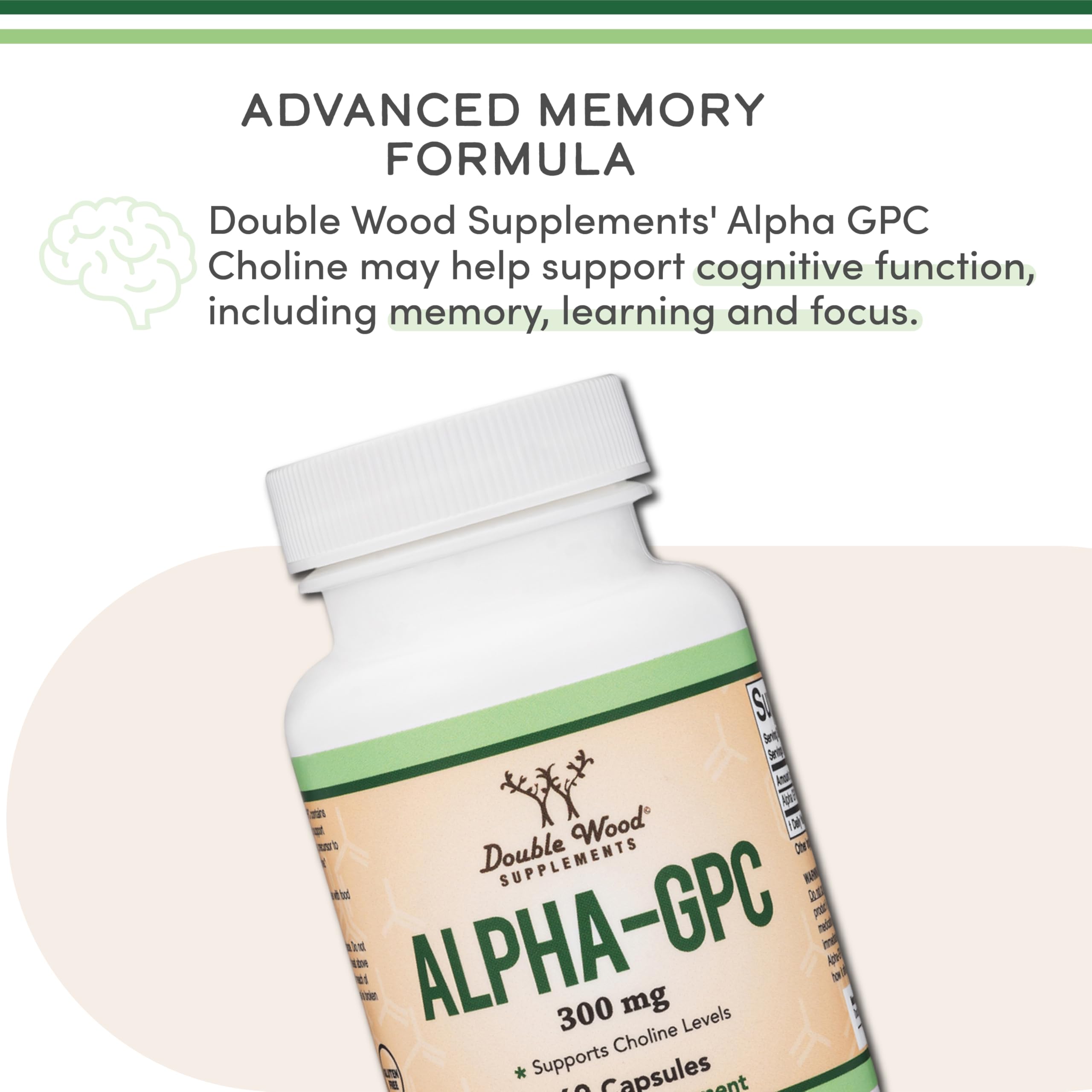 Double Wood Alpha GPC capsules spread out to show count and consistency benefit