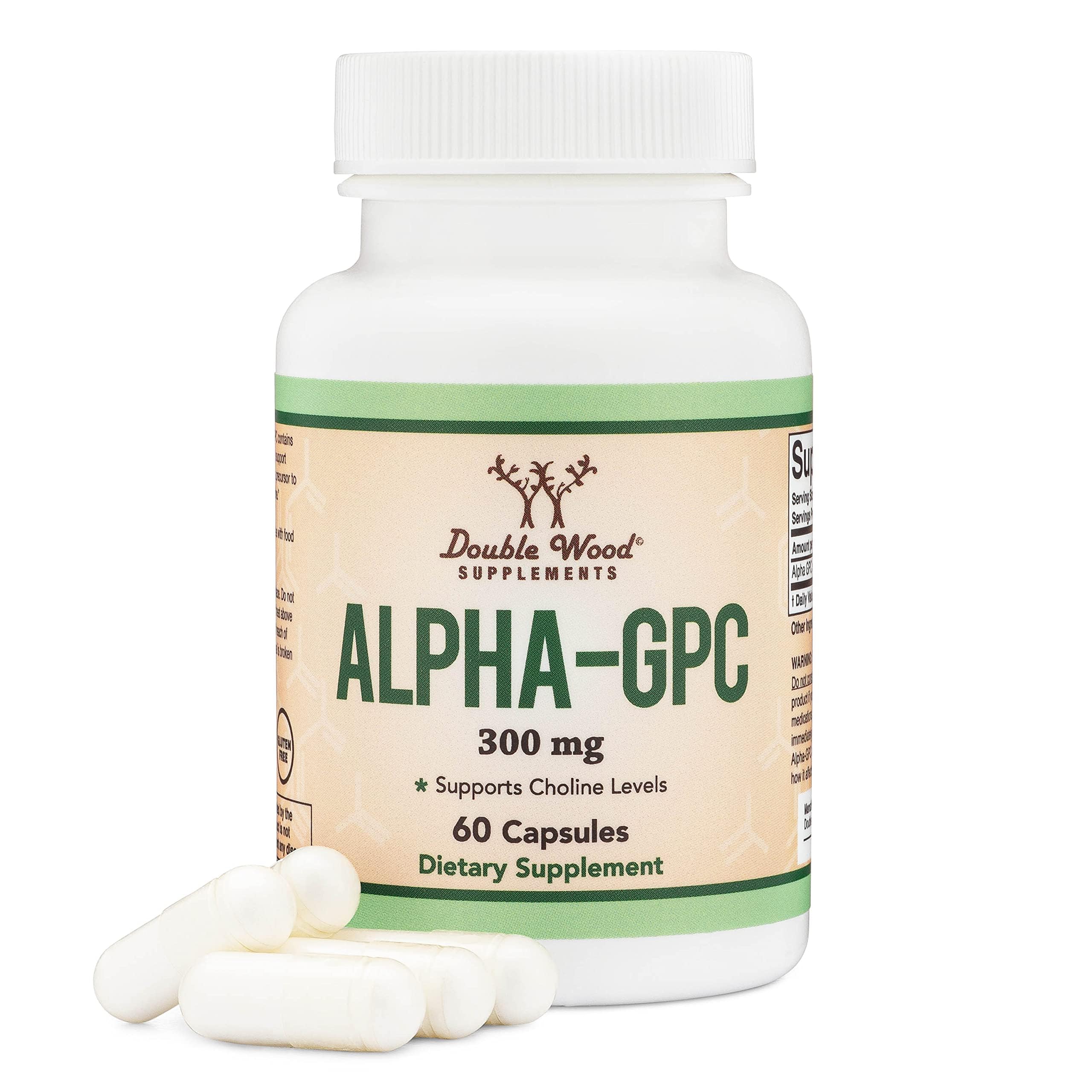 Double Wood Alpha GPC front bottle view showing product and clear labeling benefit-focused