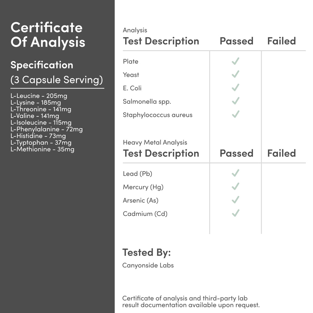 Ingredient chart showing Double Wood full essential amino acid profile