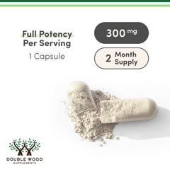 Open Double Wood bottle with capsules visible for measured servings benefit