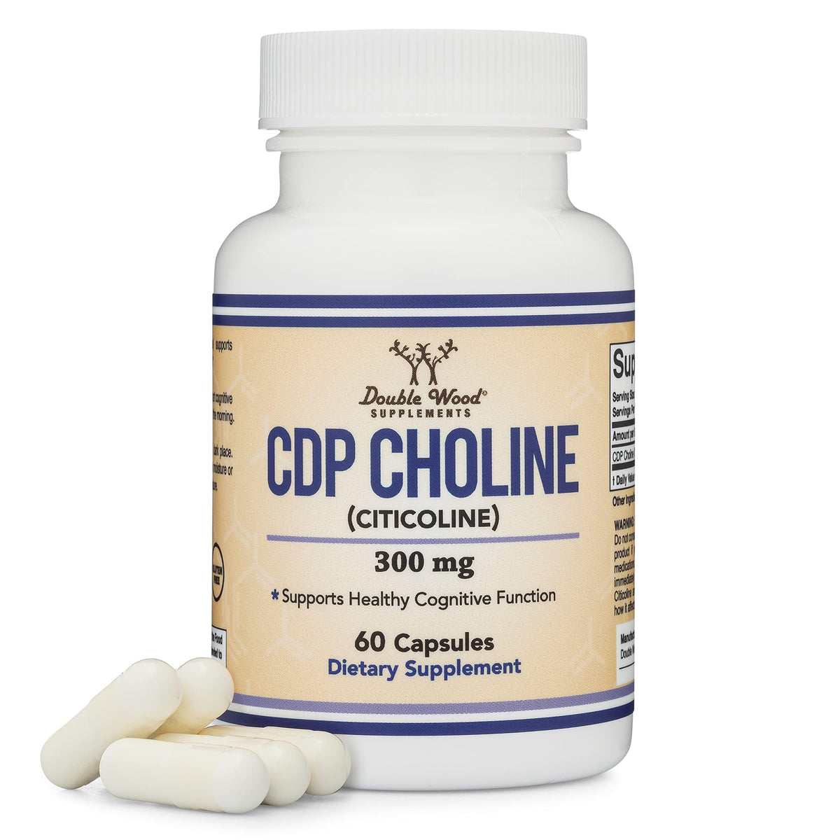 Double Wood bottle front view showing CDP Choline label and clear benefit