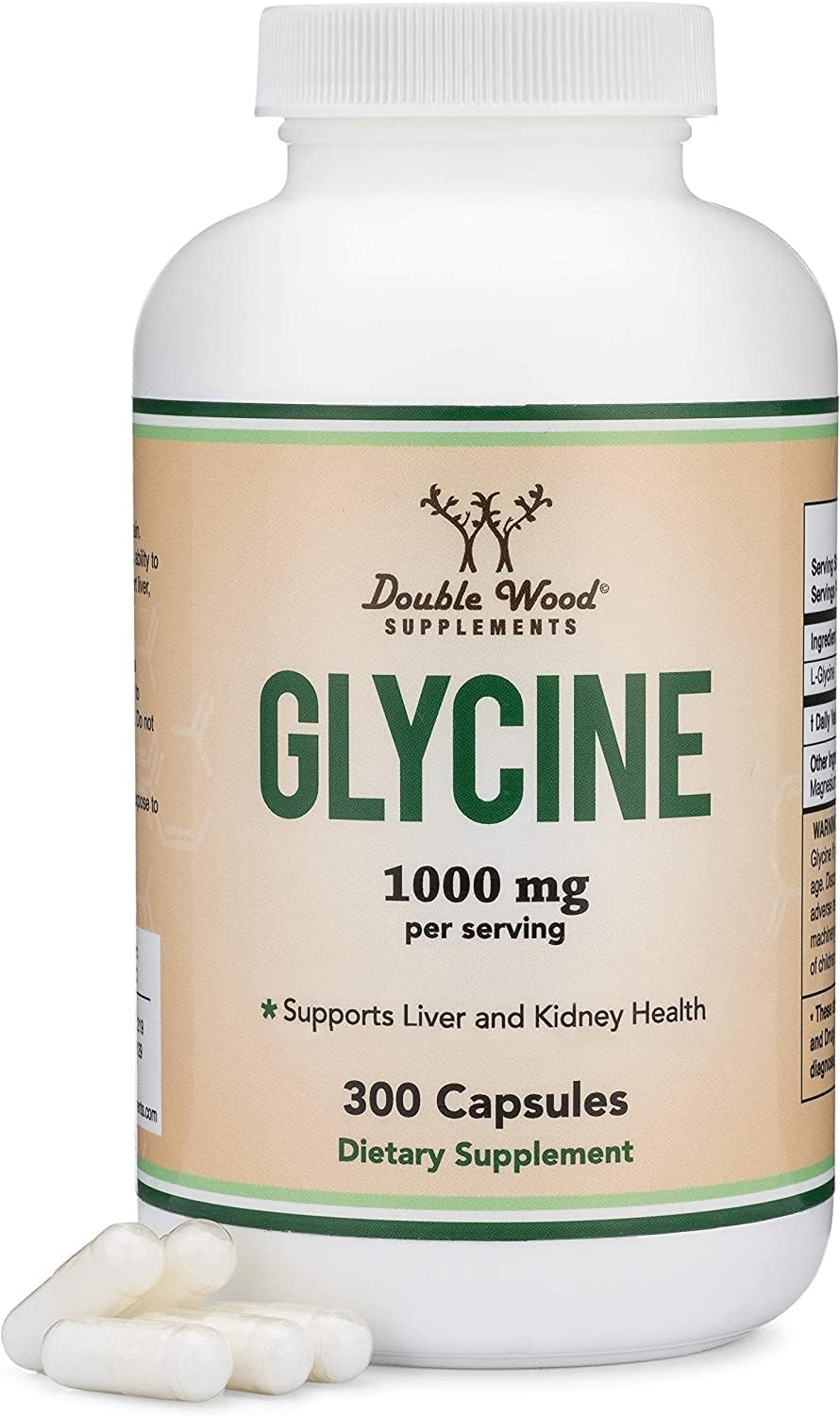 Double Wood bottle front label showing glycine 1000 mg and count for clean sourcing benefit