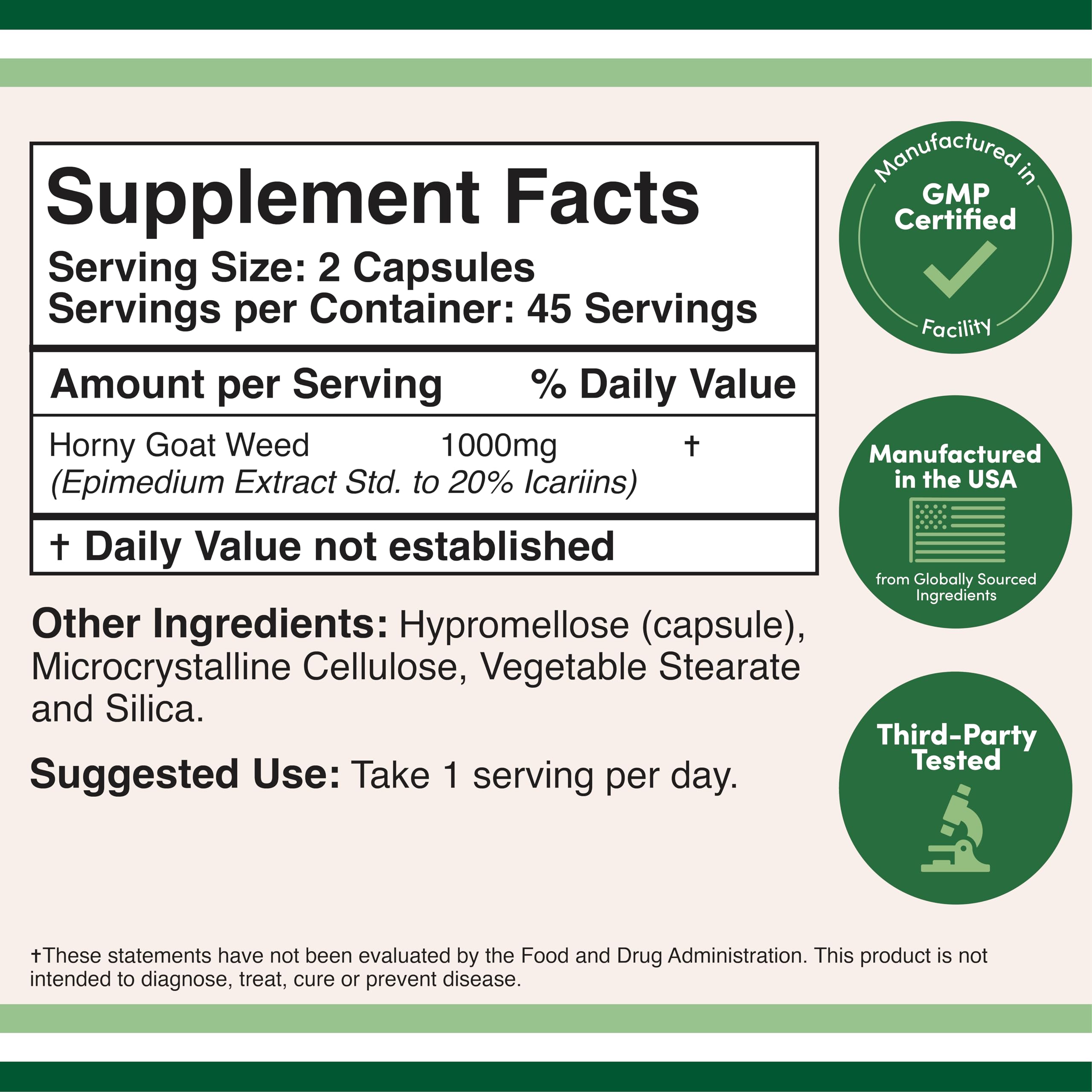 Double Wood Horny Goat Weed supplement facts close-up showing 20% icariins for potency