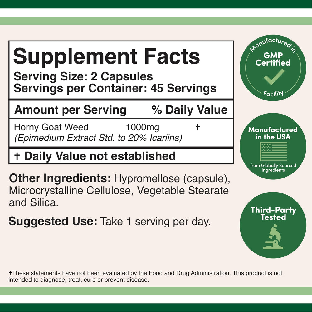 Double Wood Horny Goat Weed supplement facts close-up showing 20% icariins for potency
