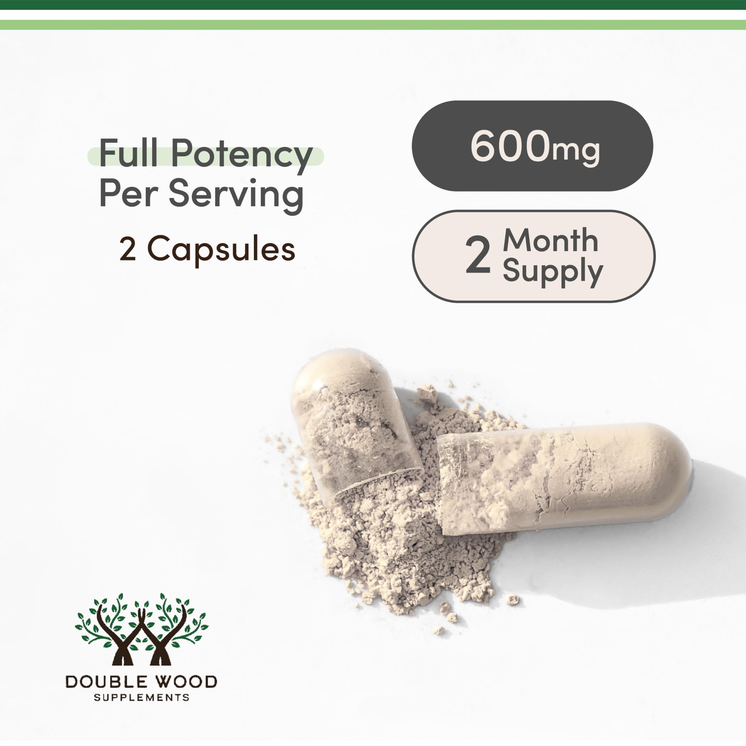 Double Wood capsules on a hand to show serving size and real-world portion reference