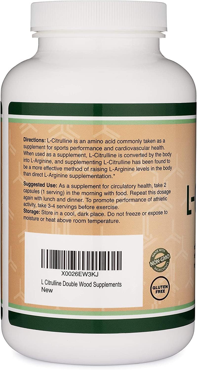Double Wood Supplements bottle beside dumbbells showing pre-workout circulation support benefit