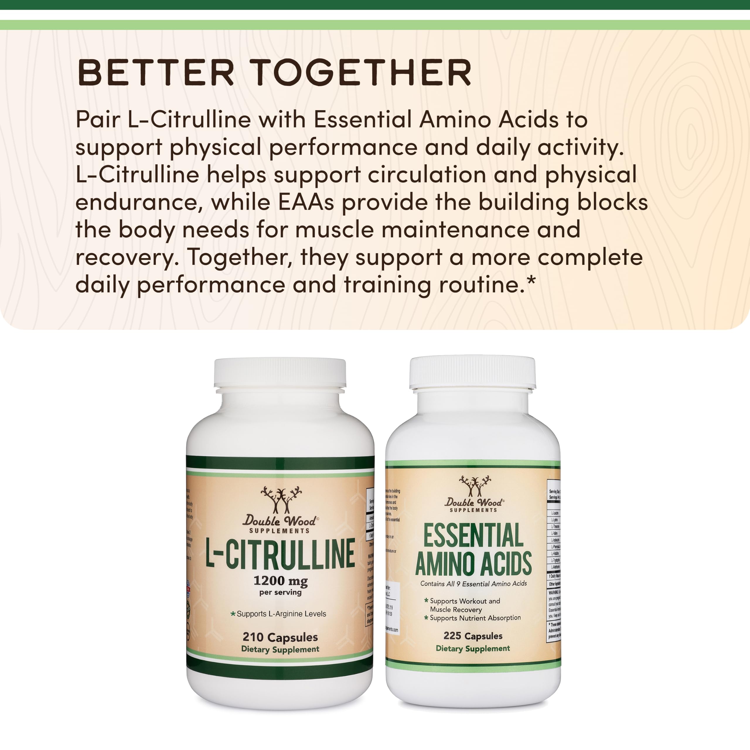 Double Wood Supplements on kitchen counter suggesting daily routine and consistent supplementation benefit