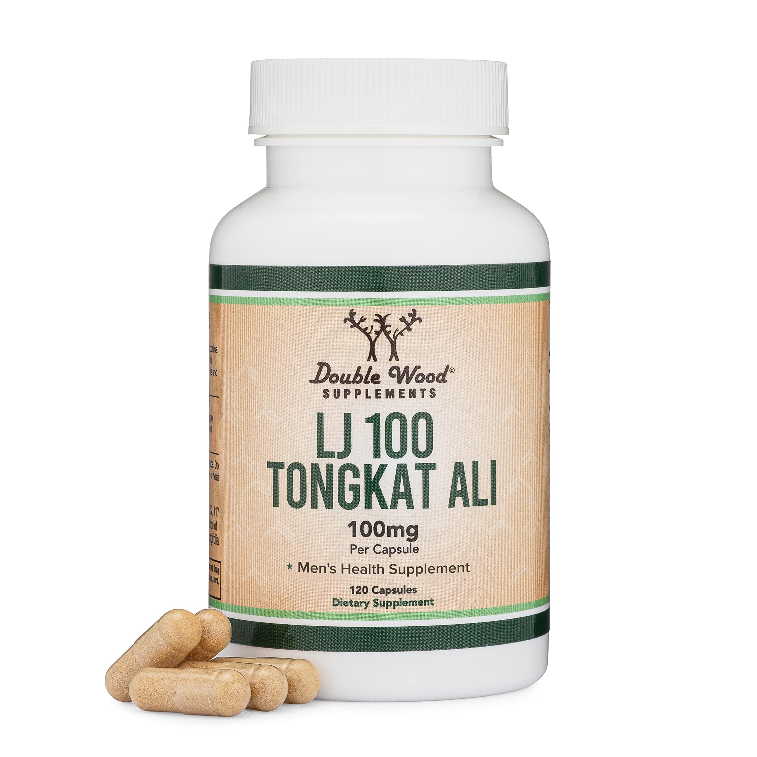 Double Wood bottle front view showing LJ100 Tongkat Ali for clear identification and trust