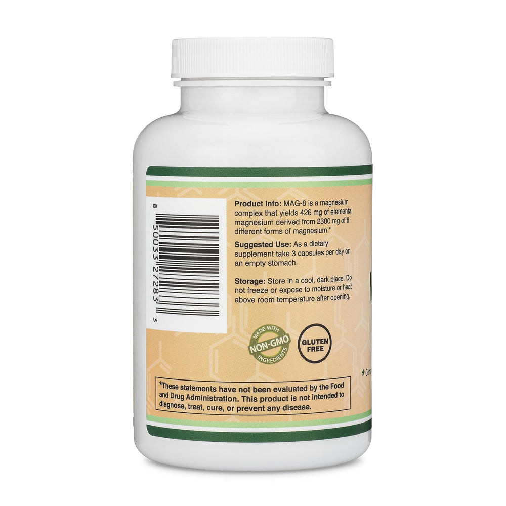 Open Double Wood MAG-8 bottle with tablets spilling, convenient daily servings