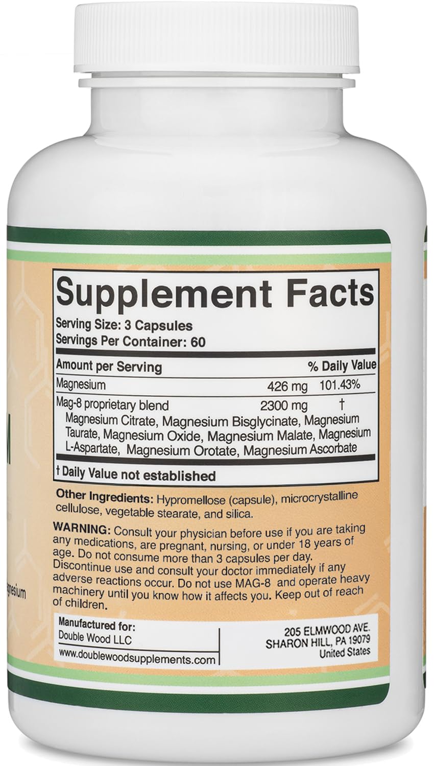 Double Wood MAG-8 ingredients label detailing eight magnesium forms and dosages