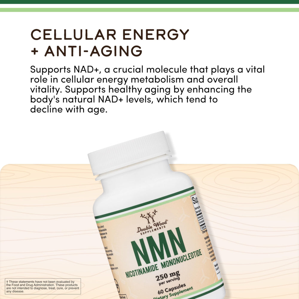 Detailed product label of Double Wood NMN highlighting 99% purity and dosage information