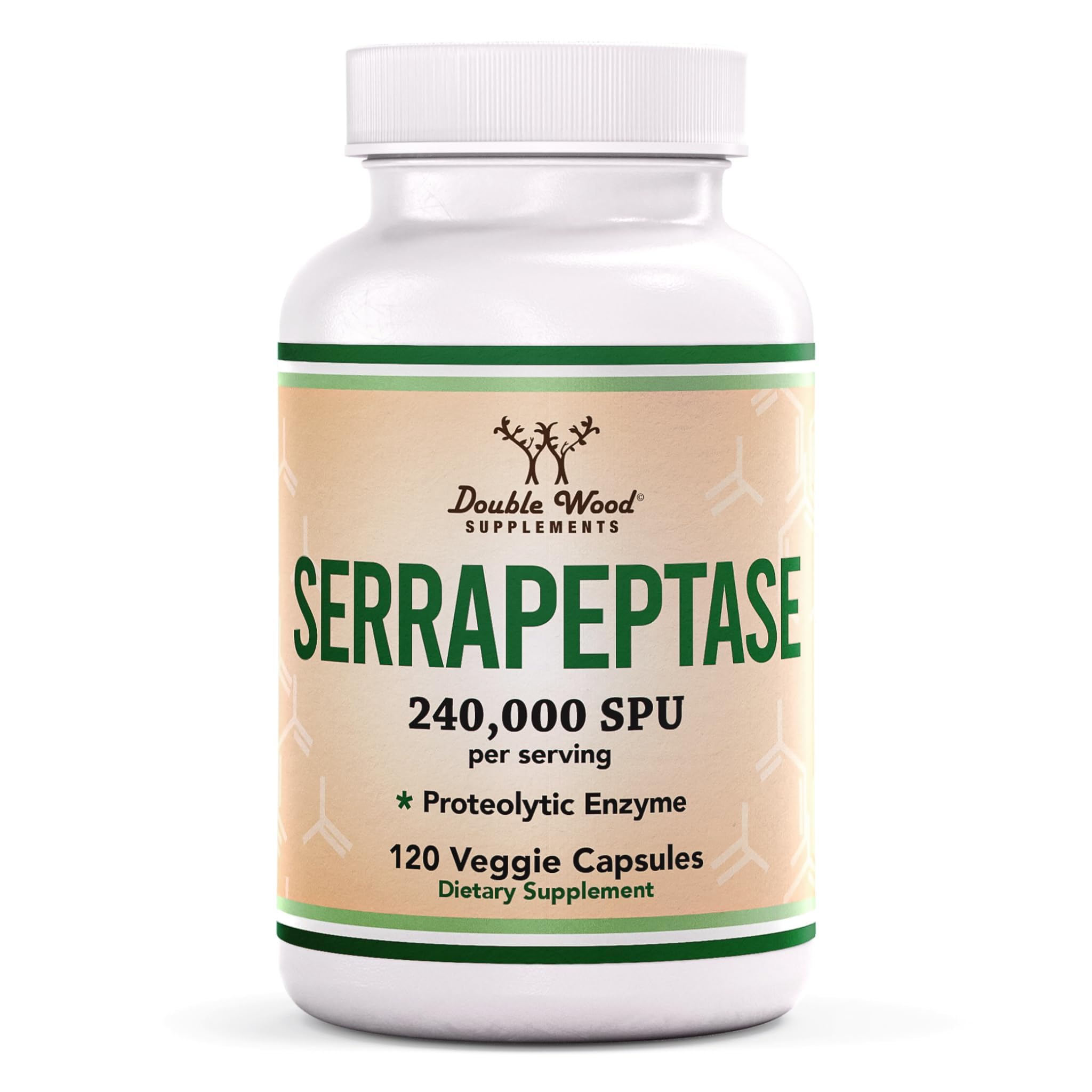 Double Wood bottle front view showing Serrapeptase 240,000 SPU and benefit clarity