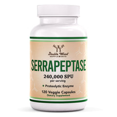 Double Wood bottle front view showing Serrapeptase 240,000 SPU and benefit clarity