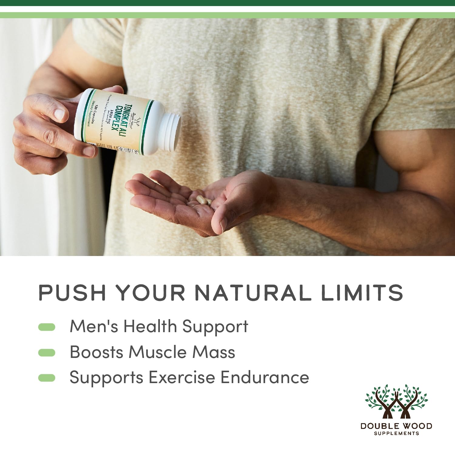 Double Wood Supplements capsule in hand illustrating serving size and convenience