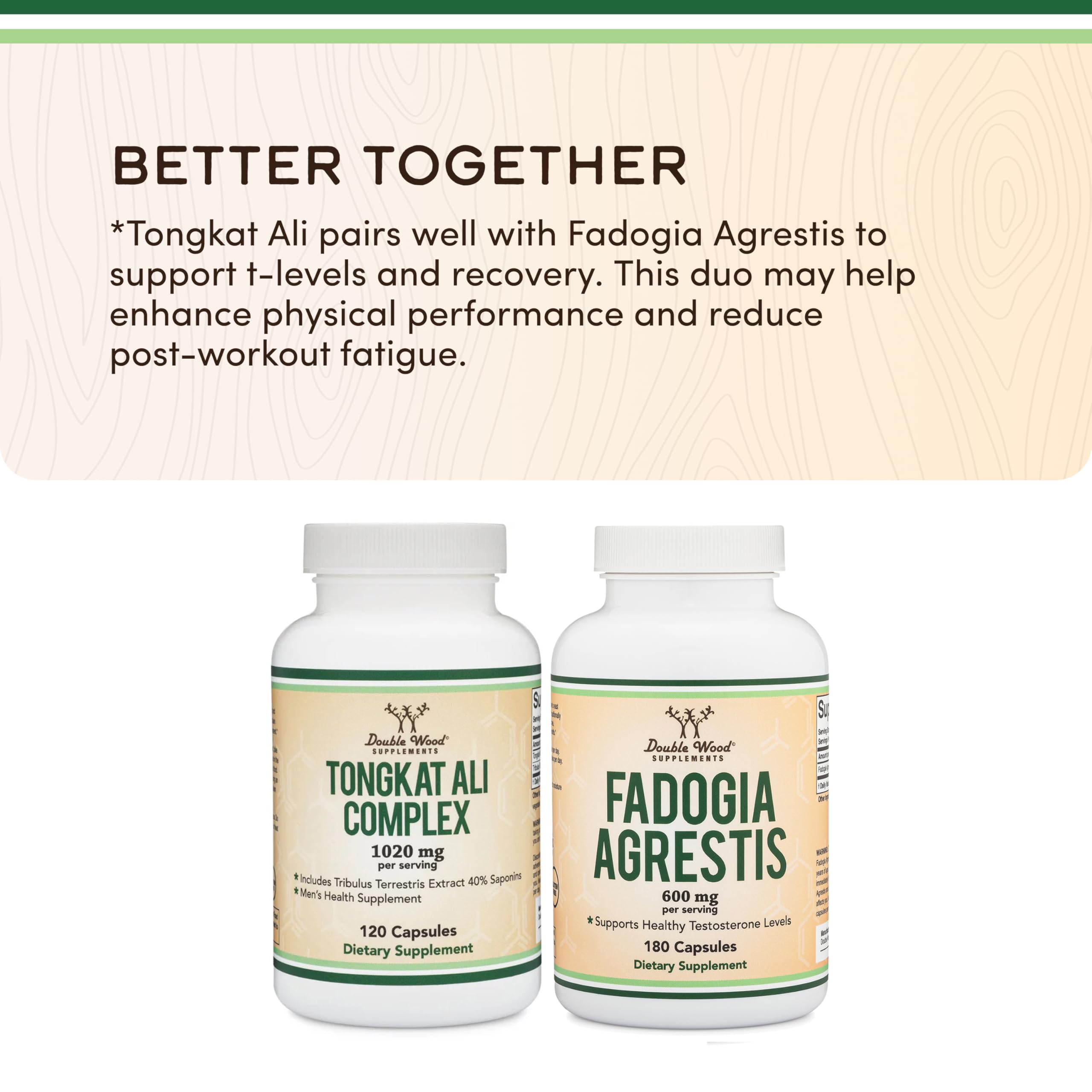 Double Wood Supplements bottle on gym bench showing workout support advantage