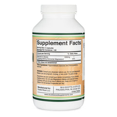 Open capsule displaying powdered magnesium malate blend from Double Wood, demonstrating contents