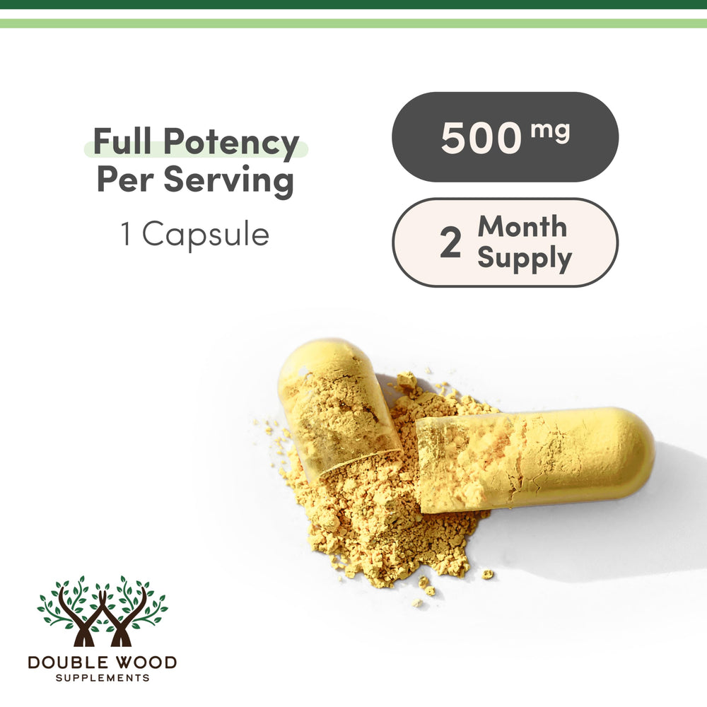 Double Wood Supplements capsule beside coin for size clarity and dosing convenience