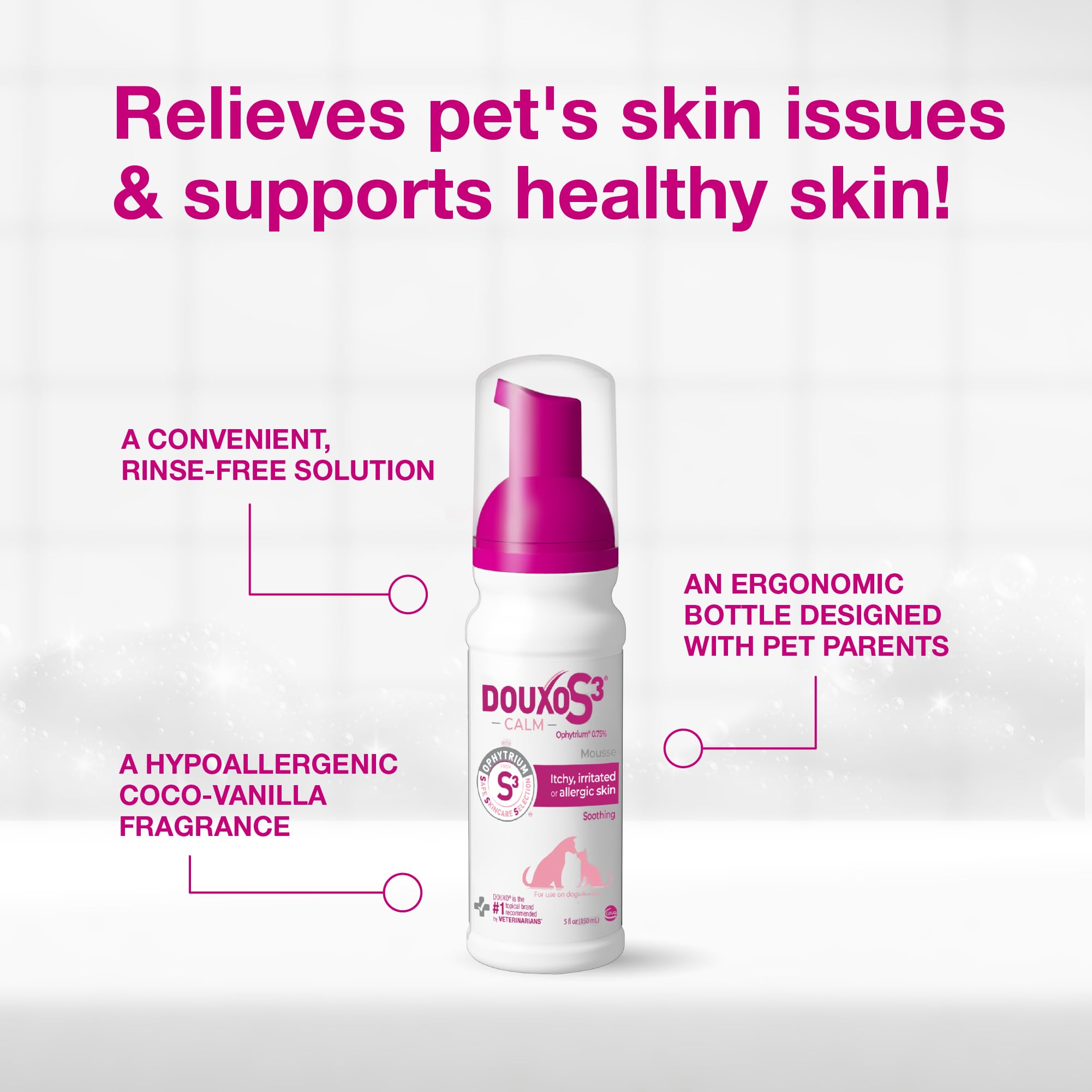 Douxo bottle held next to a hand showing compact travel-friendly size